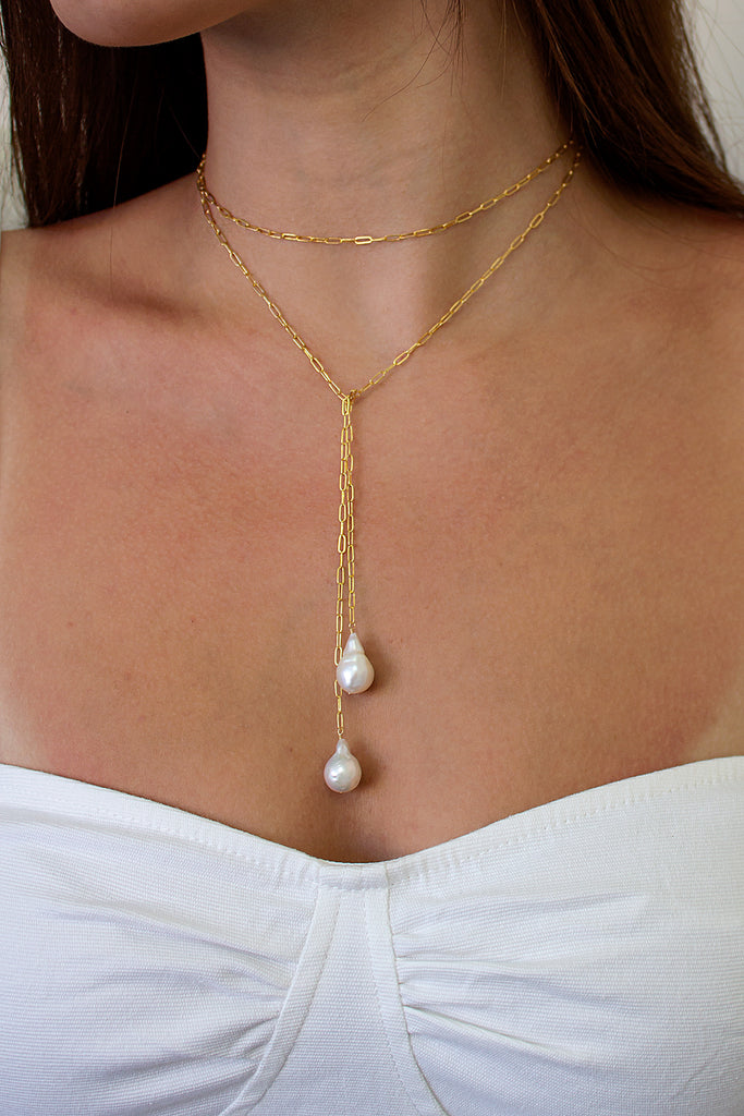 gold and pearl lariat necklace