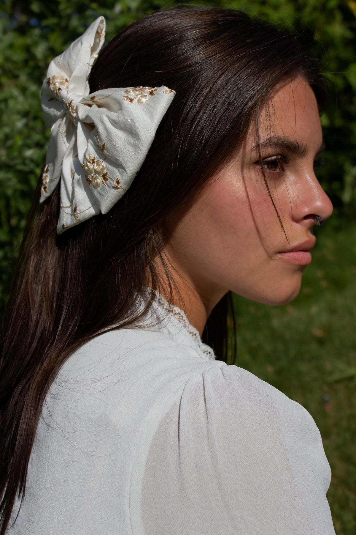 Jardin Embroidered Silk Bow Barrette