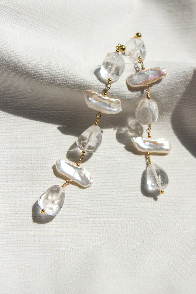long pearl and quartz statement earrings